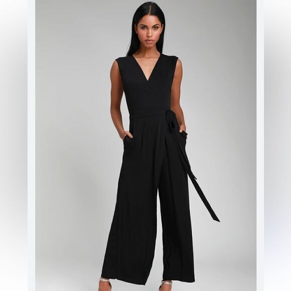 Lulu’s Right to Dream Black Wide-Leg Wrap Jumpsuit| Size L - Picture 1 of 12